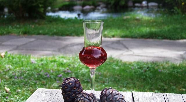 Zirbenschnaps-Pulverer Wein in einem Weinglas in einem Garten